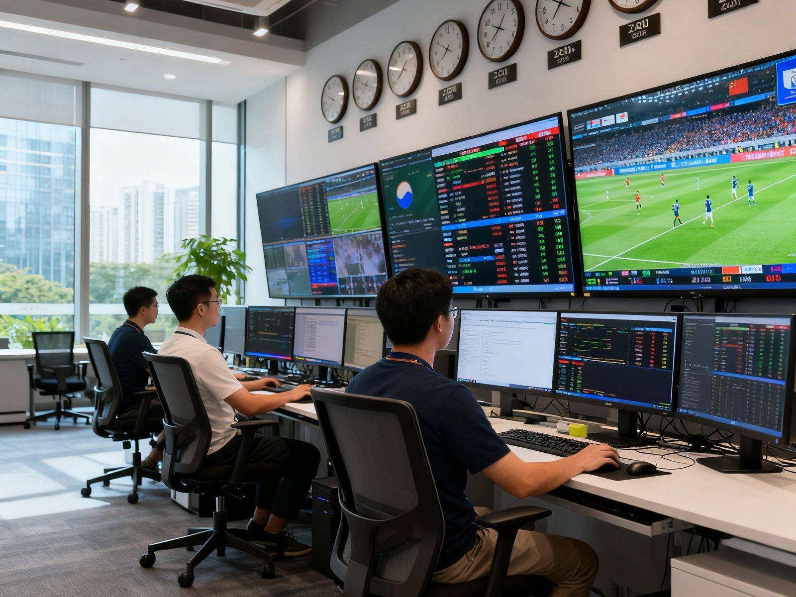 捷报比分深圳总部开放式办公区，技术团队坐在多屏幕前实时监控全球赛事数据流，墙上挂着各时区时钟
