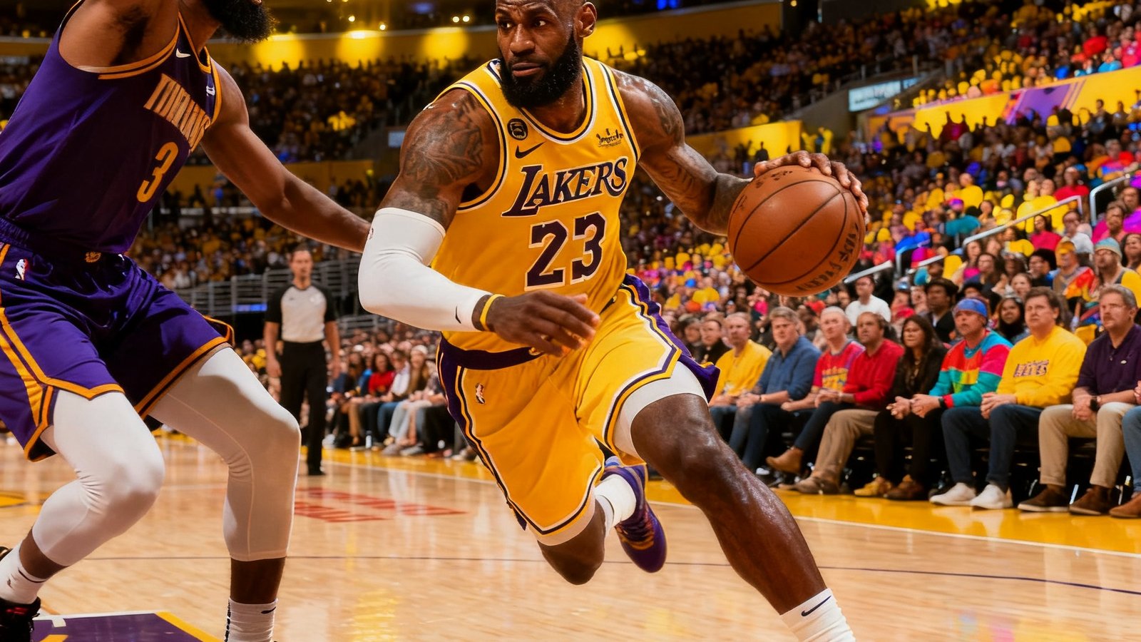 NBA常规赛湖人对阵勇士的直播画面，詹姆斯持球突破，球场灯光璀璨观众席座无虚席