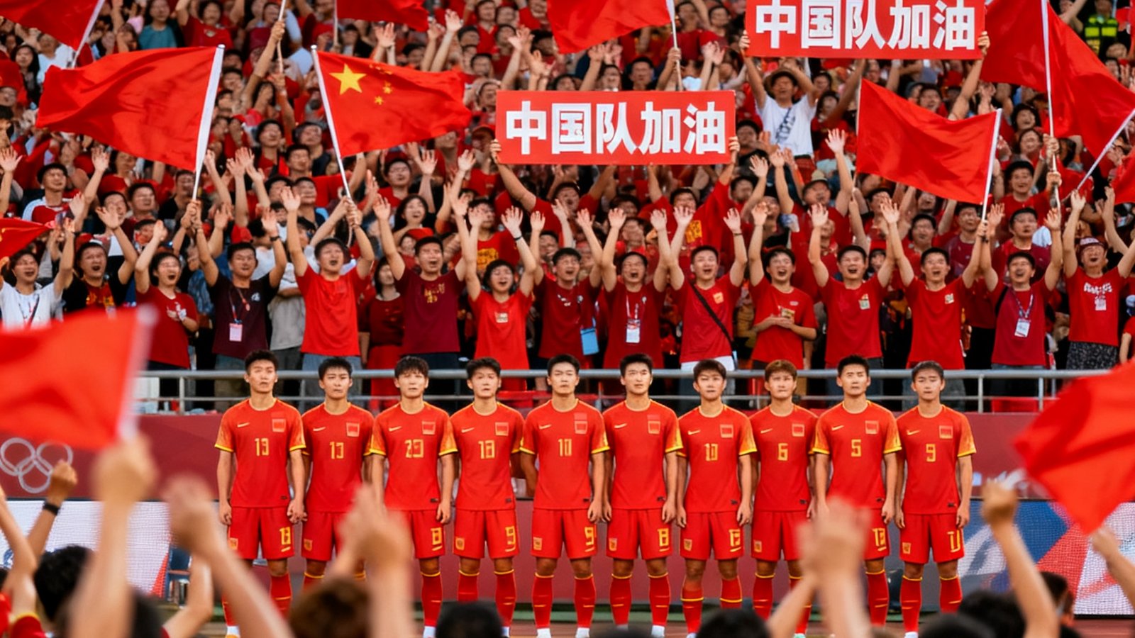 世界杯预选赛中国队主场红色海洋般的球迷助威场景，球员在赛前合影，气氛热烈激昂