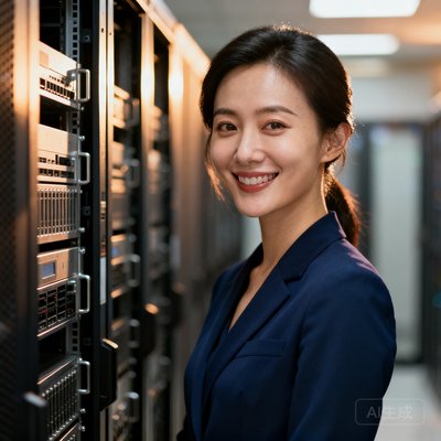 AI算法工程师林薇，年轻女性，穿深蓝色职业装，笑容亲切，站在服务器机柜前